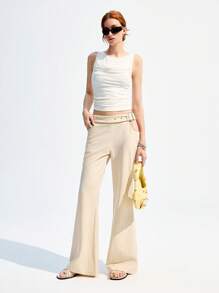 LYSMO Quần sọc nữ có nút kim loại và eo khoét - trắng - Xem 4