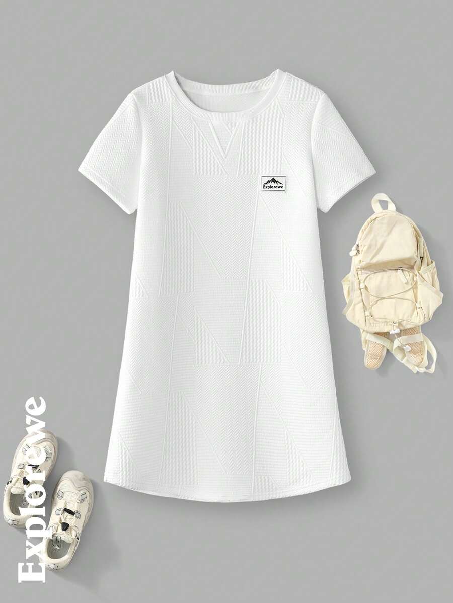 SHEIN Tween Girls Simple Elegant Round Neck Short Sleeve Summer Dress - White - View 1