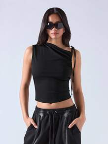 LYSMO Women Solid Color Asymmetrical Neck Cropped Form-Fitting Fashionable Tank Top - Black - View 5
