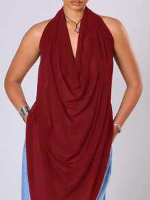 MUSERA Plus Chiffon Extreme Cowl Neck Backless Top Sexy, Club - Burgundy - View 5