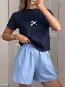 Livesso Bộ đồ ngủ áo thun ngắn in nơ dễ thương & quần short màu trơn cho nữ - Màu xanh hải quân - Xem 4
