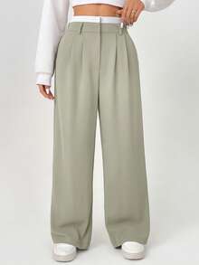 SHEIN PETITE Spring Dress PantsHigh Waist Plicated Detail Wide Leg Suit Pants,Fall - Mint Green - View 3