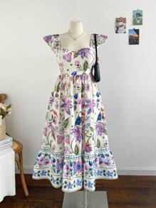Dreamara Gaun Panjang WYWH Casual Vacation Multi-Color Positioning Flower Flutter Sleeves Back Tie Plus Size - MultiWarna - View 6