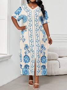 SHEIN Lady CURVE 大码优雅印花蝙蝠袖连衣裙，复活节连衣裙，女士沙滩装，复活节商务休闲度假波西米亚风连衣裙 - 彩色 - 查看 5