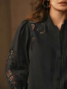 Anewsta Spring Solid White Lace Embroidery Loose Long Sleeve Shirt For Going Out - Black - View 5