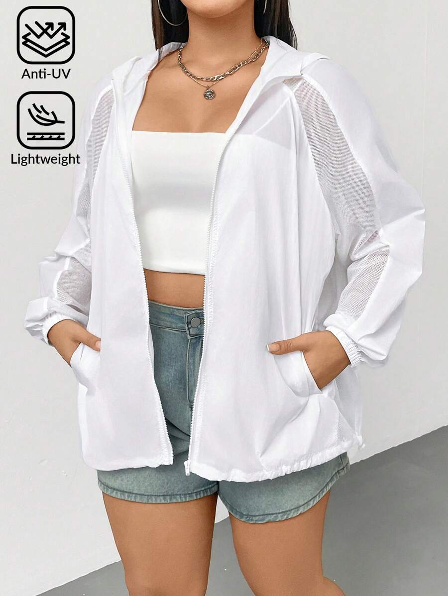 SHEIN Essnce 秋冬大码休闲纯色连帽夹克 - 白色 - 查看 1