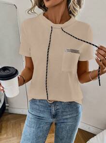 EMERY ROSE Women Drawstring Short Sleeve Pocket Casual T-Shirt - Khaki - View 4