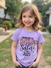 Young Girl "Promoted To Big Sister 2025" Print Round Neck Short Sleeve Purple T-Shirt Young Girls T Shirt Big Sister Toddler - Mauve Purple - View 1