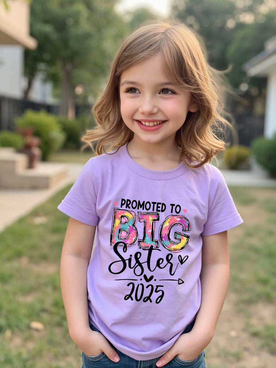 Young Girl "Promoted To Big Sister 2025" Print Round Neck Short Sleeve Purple T-Shirt Young Girls T Shirt Big Sister Toddler - Mauve Purple - View 1