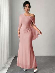 Firerie Gaun Wanita Elegan Menawan dengan Detail Kerut, Warna Pink Muda Pucat, Motif Jala dan Bunga, Cocok untuk Pernikahan, Ninang, Kencan, dan Hari Valentine. Gaun Maxi Sederhana - Berwarna merah muda - View 6