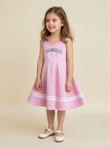 SHEIN 女童针织数字与字母组合吊带背心连衣裙 - 粉色 - 查看 3