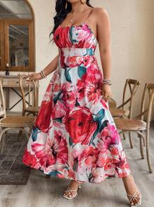SHEIN Clasi Abito lungo da donna per vacanza, con stampa floreale, spalline a spaghetti e schiena aperta - Multicolore - Visualizzare 5