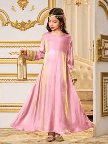 SHEIN Váy dài tay satin bóng cho bé gái, thanh lịch và sang trọng, thích hợp cho tiệc tùng và tụ tập - Hồng - Xem 4