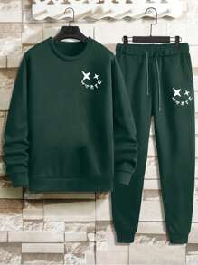 EURMUSE Cotton Men's Emoticon Print Sweatshirt And Sweatpants Set - Dark Green - View 6