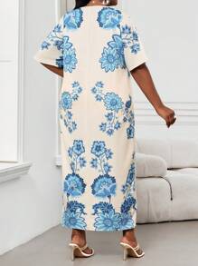 SHEIN Lady CURVE 大码优雅印花蝙蝠袖连衣裙，复活节连衣裙，女士沙滩装，复活节商务休闲度假波西米亚风连衣裙 - 彩色 - 查看 2