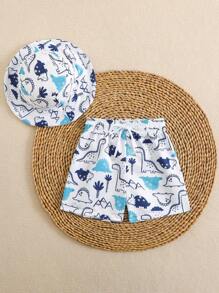 SHEIN 男婴沙滩可爱恐龙印花沙滩短裤和太阳帽