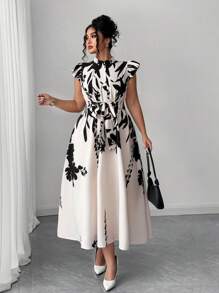 Elenzga Plus Size Elegant Floral Print Dress With Ruffle Trim, Flattering And Slimming, Suitable For Vacation, Beach Party, Garden Party, Casual Outing, Hanging Out With Friends - Apricot Background With Black Flowers, Comfortable Fabric, Unique Design, Great Value - Multicolor - View 5