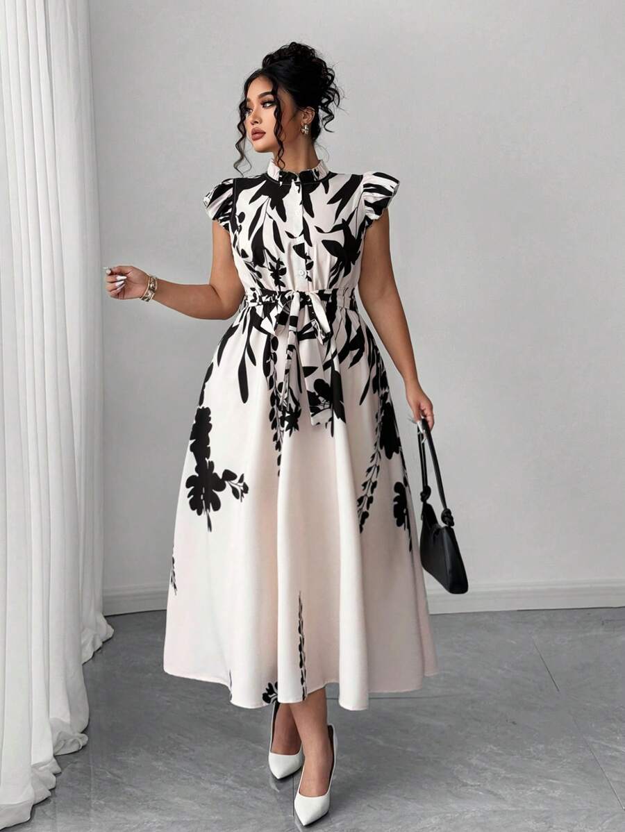 Elenzga Plus Size Elegant Floral Print Summer White Dress, Ruffle Trim For Bachelorette Party Mother Of The Bride Wedding, Tea Party, Beach Garden Party - Multicolor - View 1