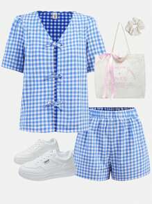 Girlism Camicia a quadri blu con fiocco per ragazze adolescenti, completo casual da vacanza con camicia a quadri e pantaloncini