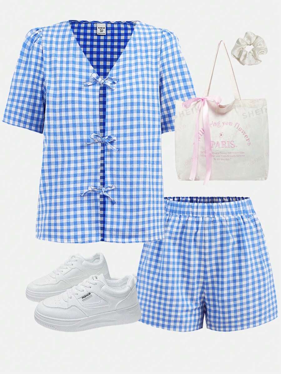 Girlism Camicia a quadri blu con fiocco per ragazze adolescenti, completo casual da vacanza con camicia a quadri e pantaloncini