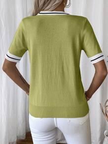 EMERY ROSE Women Casual Contrast Trim Knit Top, Summer - Olive Green - View 2