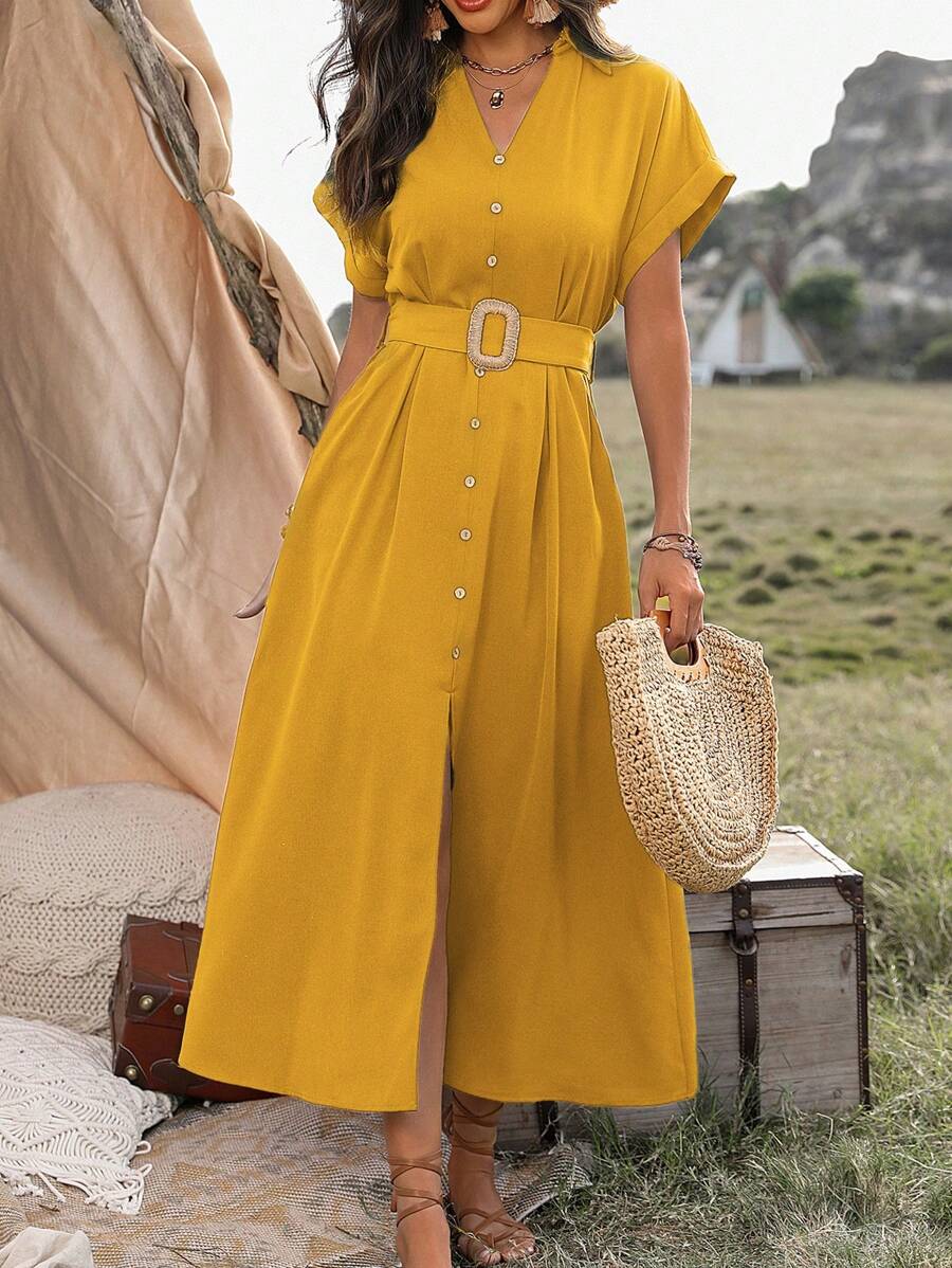 SHEIN Clasi 女士夏季短袖纽扣式腰带连衣裙长款女装