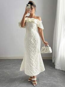 SHEIN Unity Plus Size Off Shoulder Jacquard Textured Ruffle Hem Fishtail Dress, Elegant Evening Gown - Beige - View 1