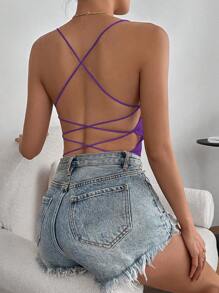 Firerie Women's Solid Color Backless Criss-Cross Strap Bodysuit