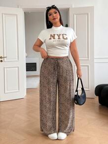 Solflare 2pcs/Set Plus Size White T-Shirt With Letter Print And Leopard Patterned Pants Leopard Print - Brown - View 1