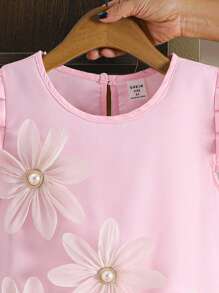 1pc Tween Girls Floral 3D Ruffles Hem Spring Summer Yellow Cute Fashion Dress - Dusty Pink - View 3