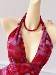 Elamini Vestido de mujer con estampado completo, cuello de halter y dobladillo asimétrico con volantes, estilo vacacional