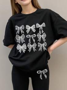 SHEIN Leap Crew Tween Mädchen Casual Minimalist Ballet Spitze Schleife Muster Kurzarm Loose T-Shirt und Schlaghose 2 Stücke Set, geeignet für den Sommer - Schwarz - Übersicht 3