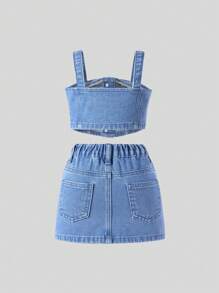 Conjunto de top de tirantes con bordado de lazo y falda vaquera de cintura elástica para niña