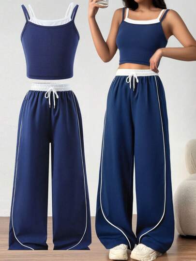 SHEIN Sparklyn Teen Girls Streetwear Casual All-Match Matchande Activewear 2-delat set: linne + lösa sidobyxor i kontrast