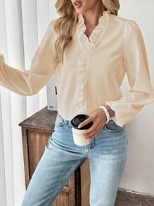 SHEIN LUNE Women's Casual Versatile Solid Color Ruffle Trim Blouse - Apricot - View 3