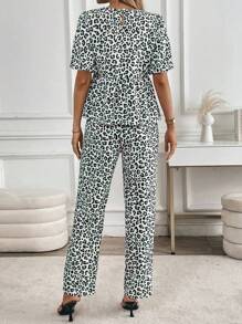 Chiquease Women Leopard Print Ruffle Hem Round Collar Short Sleeve Top And Pants Casual 2pcs Set, Spring Summer - Multicolor - View 2