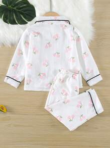 2pcs Baby Girl Loose Fit Thin Pink Cherry Print Long Sleeve Shirt And Pants Pajama Set, Spring/Summer - White - View 2