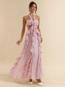 SHEIN BAE 夏季海滩度假纯粉色蕾丝束腰连衣裙吊带长裙优雅女性音乐节乡村音乐节演唱会礼服节日礼服小白裙返校季礼服返校季礼服伴娘服小礼服派对礼服 - 粉色 - 查看 2