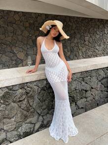 Aloruh 女式长款钩针镂空露背紧身针织鱼尾白色连衣裙，春夏