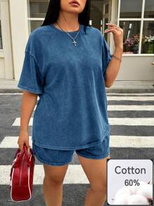 Comfortcana Conjunto de 2 piezas talla grande: Camiseta de manga corta cuello redondo negra y pantalones cortos, ropa de primavera y verano