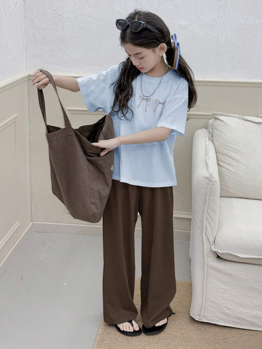 Dazy Kids Tween 女童蝴蝶结图案印花圆领短袖上衣和裤子家居服套装