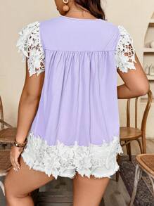 SHEIN LUNE Camisa informal de estilo rural para mujer de talla grande, nueva llegada con cuello redondo, lazo, contraste de color y parche floral, para primavera/verano