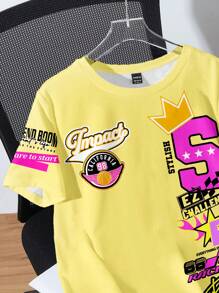 Attitoon Casual Streetwear Style Letter Badge, Crown & Basketball Graphic Round Neck Loose T-Shirt For Women, Suitable For Summer Back To School - Multicolor - View 6