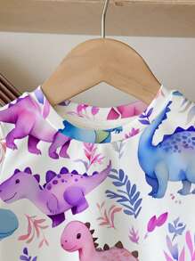 SHEIN Happikins Cute Colorful Cartoon Dinosaur Print, Young Girl Casual Minimalist Round Neck Short Sleeve T-Shirt, Suitable For Summer - Multicolor - View 4