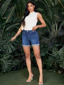 SHEIN LUNE Pantalones cortos de mezclilla casuales y versátiles para mujer con bolsillos y basta enrollada