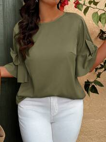 SHEIN Clasi Casual Resort Solid Color Bow Decor Plus Size Shirt - Army Green - View 4