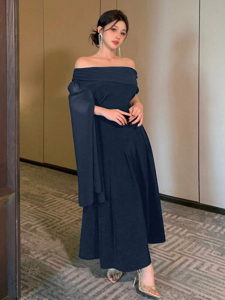 Vestido elegante de mujer de unicolor con cuello asimétrico y mangas acampanadas, vestido de verano elegante, vestidos formales de mujer