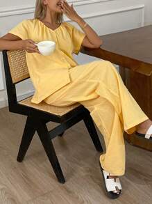 DAZY 纯色褶皱领口设计简约女士睡衣套装