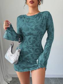 Firerie Đầm mini tay dài hở lưng họa tiết hoa cho nữ - Màu xanh bụi bặm - Xem 6