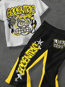 SHEIN Bộ đồ dệt kim hai mảnh họa tiết hoạt hình Graffiti dành cho bé trai, quần ống loe tay ngắn tối giản giản dị, phù hợp cho mùa hè - Nhiều màu - Xem 3